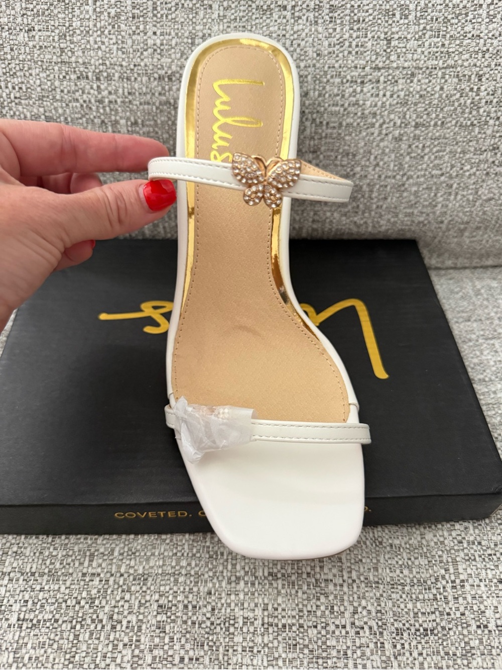 Lulu's White Slide Sandals with Rhinestone Butterfly Accent